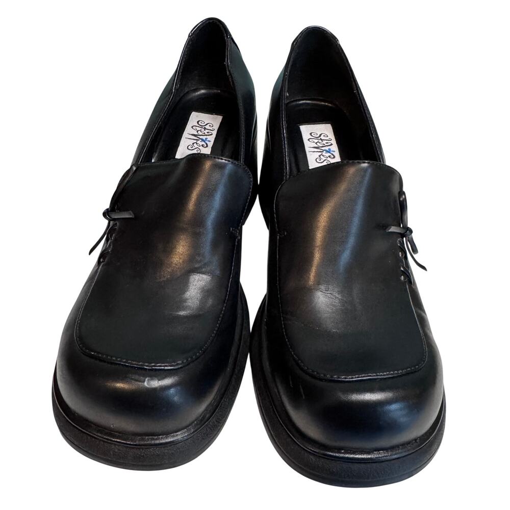 Stevies Vintage 90s Chunky Heeled Loafers Black Square Toe Bow Detail Size 5.5